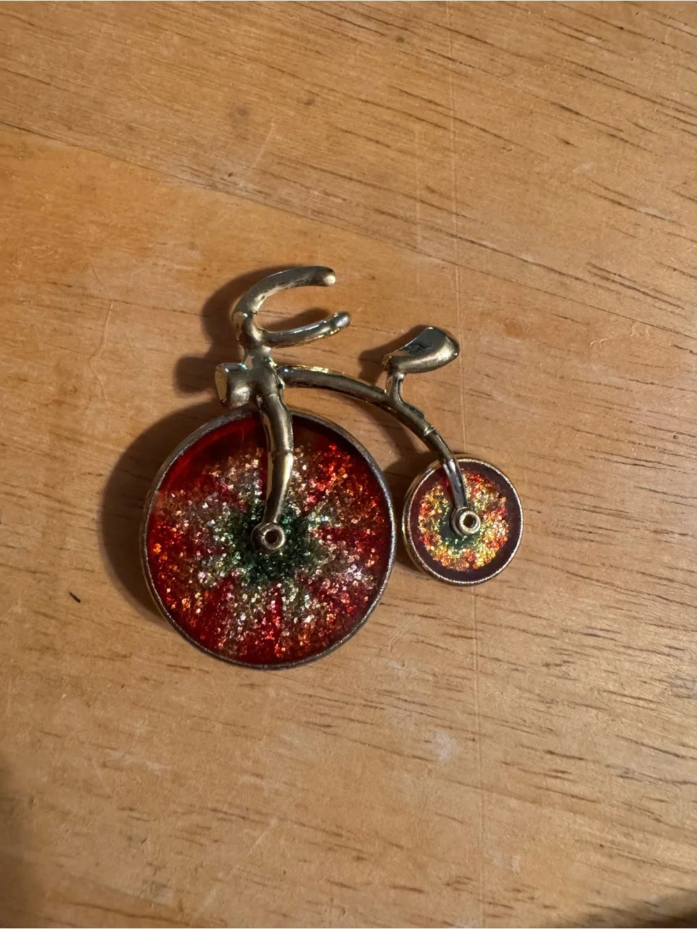 Brush Gold Tone Enameled Tricycle Brooch Pin